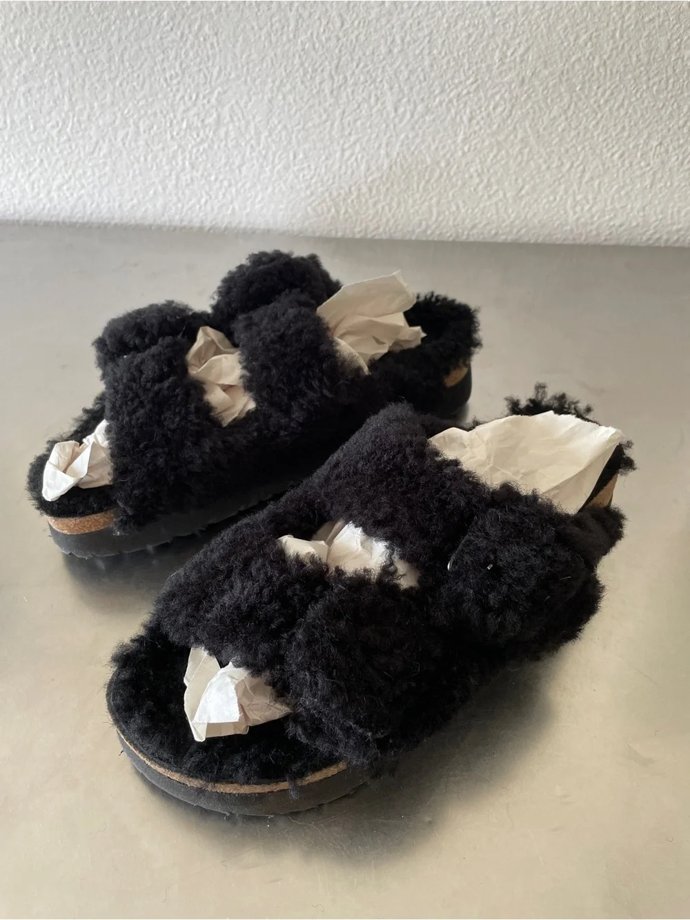 Papillo by Birkenstock Arizona Big Buckle Platform Sandals in Black Shearling